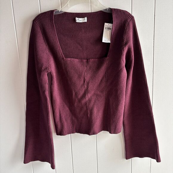 Hollister Size XXL Burgundy Rib Knit Square Neck Bell Sleeve Top LS Stretch #W - Picture 2 of 8